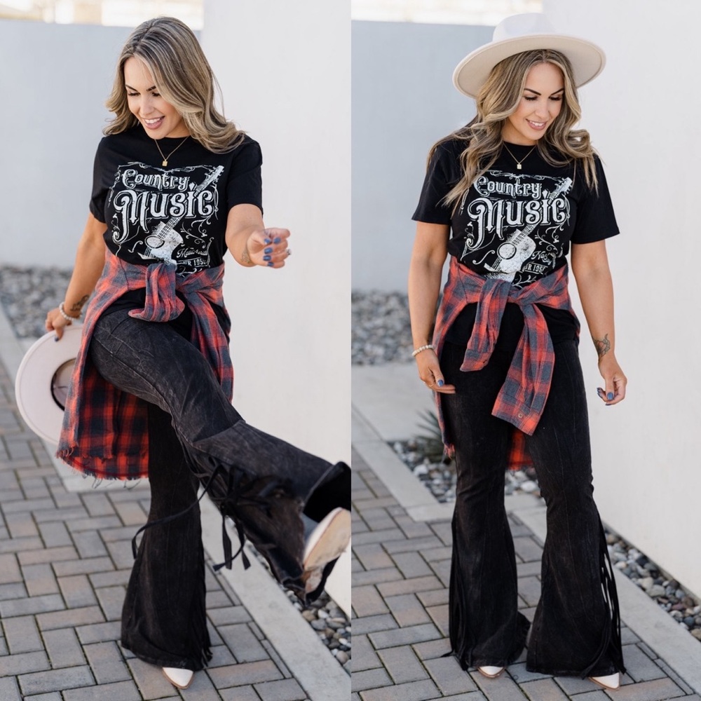 Boho western fringe flare bell bottoms black grey tan rodeo S M l NWT pull on